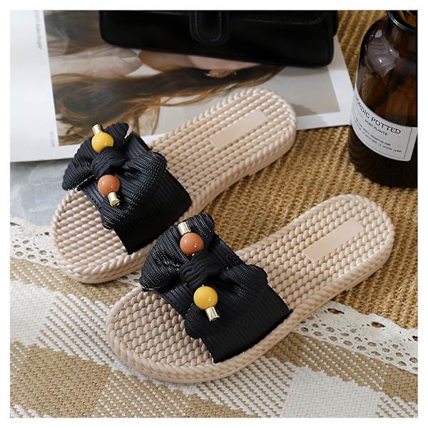 Søte Slippers med Sløyfe for Kvinner, Casual Sommer, Flate Sklisikre Sandaler for Hjemmet R Black 39