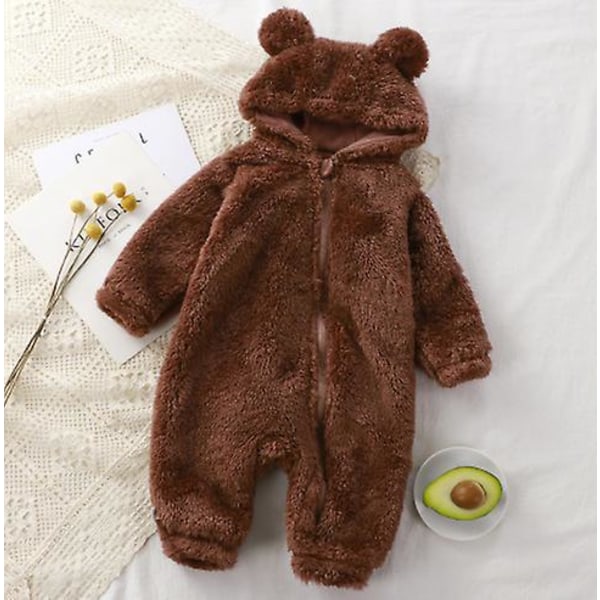 Baby Småbarn Vinter Varm Fluffig Overall med Huva Söt Björn Öron Huvtröja Jumpsuit Brown 3-6 Months