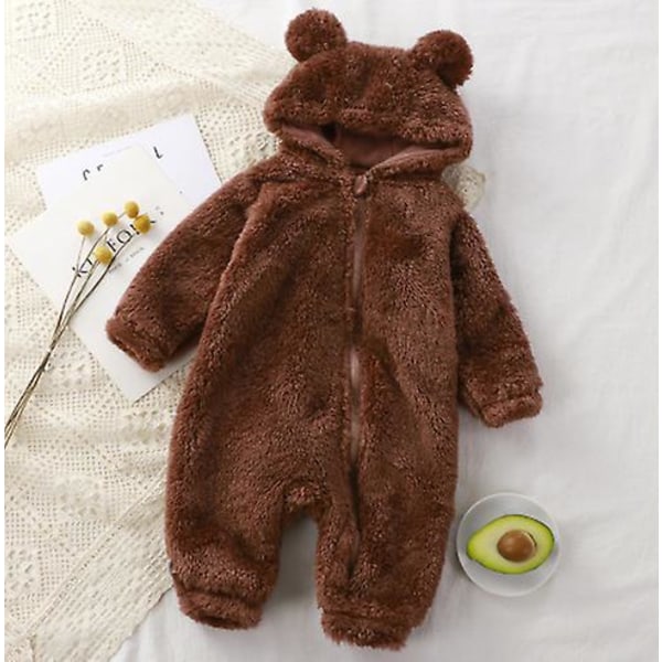 Baby Toddler Vinter Varm Fluffy Hooded Overall Lovely Bear Ear Hoodies Jumpsuit Brown 9-12 Months
