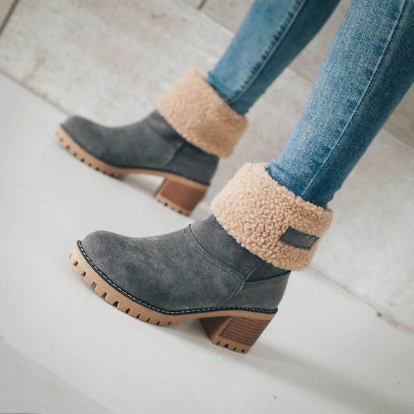 Dame Vinterstøvler Korte Sne Flock Varme Støvletter Sko Slip On Korte Ankel Chunky Hæl Støvler Grey 41