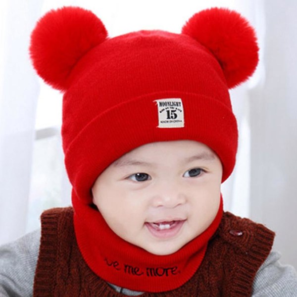 Baby Barn Pojke Flicka Päls Pom Pom Mössa Halsduk Set Tofs Vinter Stickad Mössa Red
