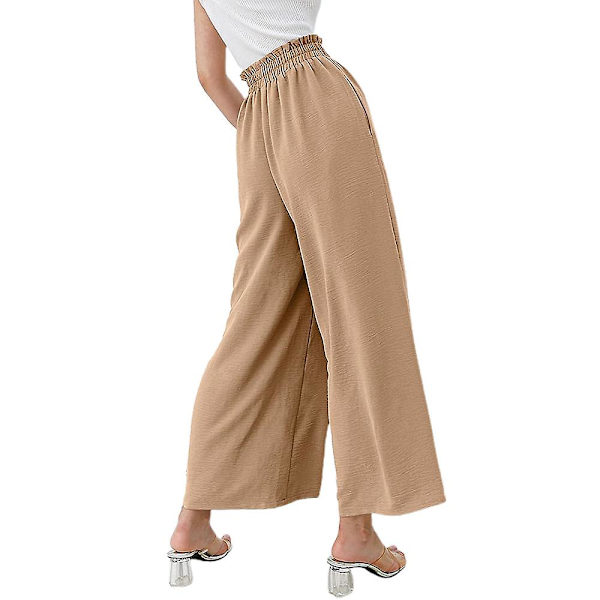Dame Ensfarvede Elastiske Højtaljede Løse Cropped Bukser Bred Ben Casual Lange Bukser Khaki XL