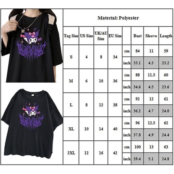 Dame Tenåringer Søt Kuromi Trykk T-skjorte Sommer Kort Erm Casual Løse Baggy Topper Harajuku Mote T-skjorter 2XL