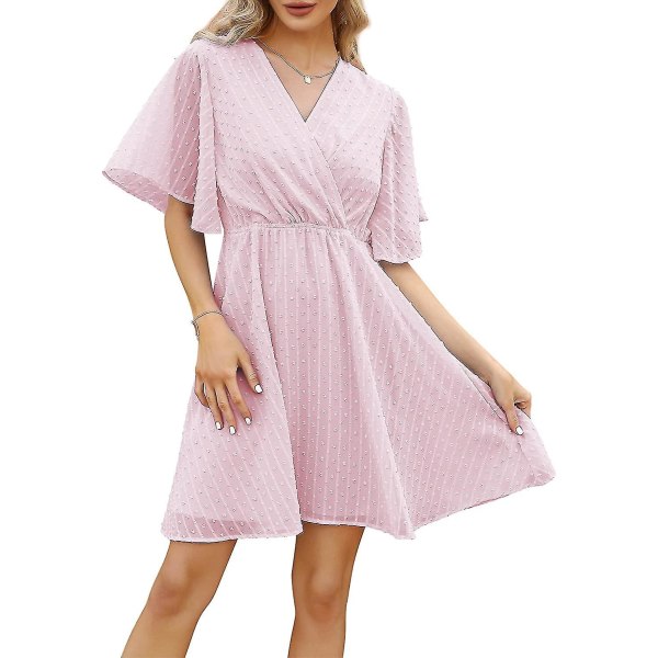 Sommarklänning för kvinnor, V-ringad, fladdrande ärm, klänning, tunika, volang, miniklänning Pink XL