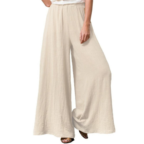 Dame Ensfarvede Elastiske Talje Vide Ben Flared Bukser Sommer Casual Løse Lange Bukser Apricot XL