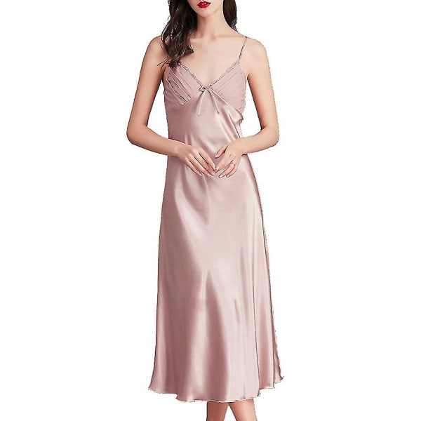 Dam satin nattlinnen lång chemise sexig ärmlös sidenslip nattklänning spaghettiband sovkläder Pink 1 L