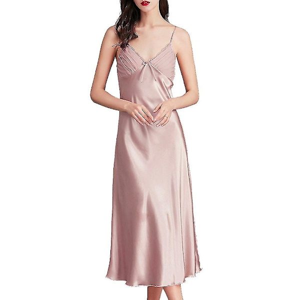 Dam Satin Nattlinnen Lång Chemise Sexig Ärmlös Sidoslits Nattklänning Spaghettiband Sovkläder Pink 1 L
