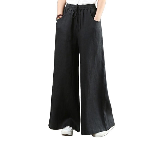 Dame Ensfarget Elastisk Midje Lange Bukser Palazzo Vår Sommer Casual Snøring Løse Vide Ben Bukser Med Lommer Black XL