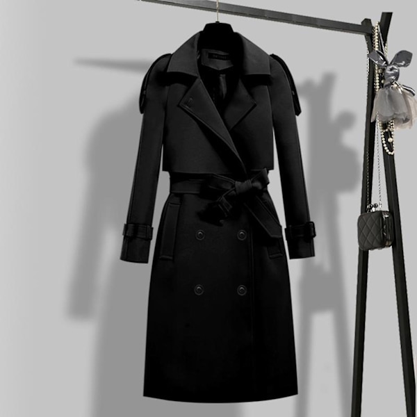Klassisk trenchcoat til damer, mellemlang, moderigtig og vindtæt frakke til hverdagsbrug om efteråret og foråret Black L