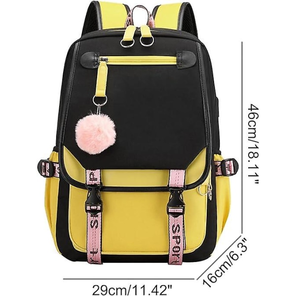 Ryggsäck för tonårsflickor Middle School Students Bokväska Outdoor Daypack med USB laddningsport yellow