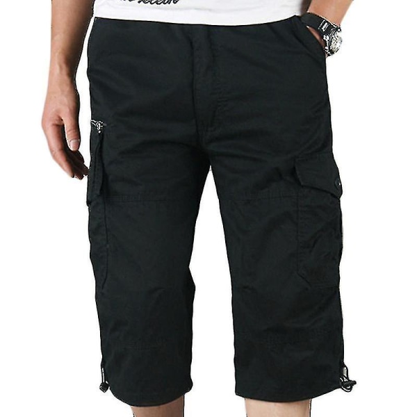 Herr 3/4 Lång Längd Elastiska Shorts Midja Cargo Combat Tre Kvarts Byxor Black M