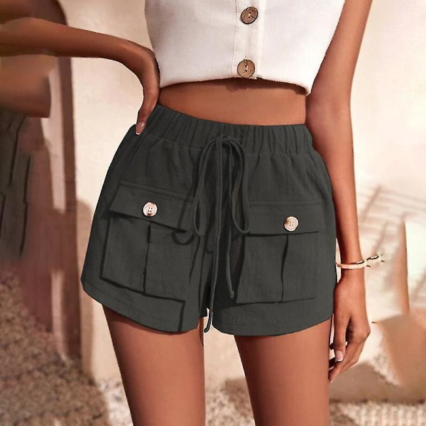 Dame Baggy Elastisk Midje Hot Pants Sommer Løse Shorts med Rett Ben Dark Gray XL