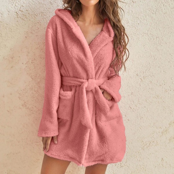 Vinter og høst fuzzy badekåpe dame korallfleece hjemmeklær hette åpen front med belte Gray XL
