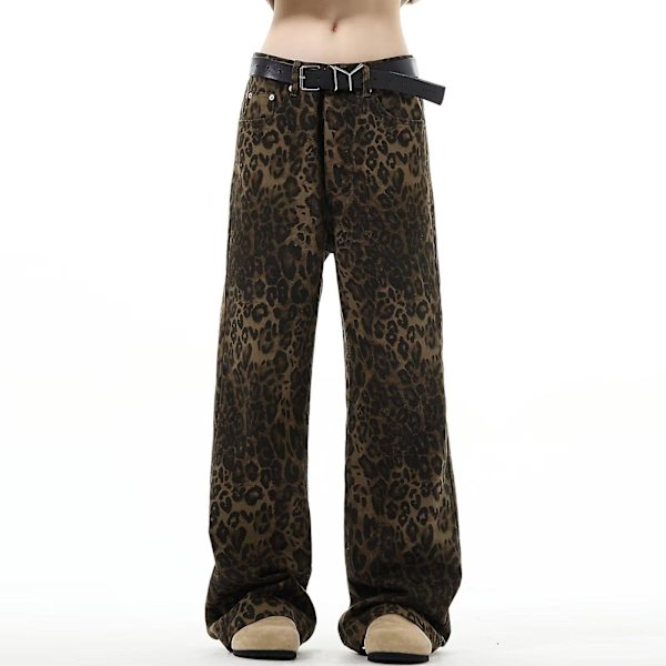 Tan Leopard Jeans Dame Denim Bukser Kvinde Oversize Bred Ben Bukser M