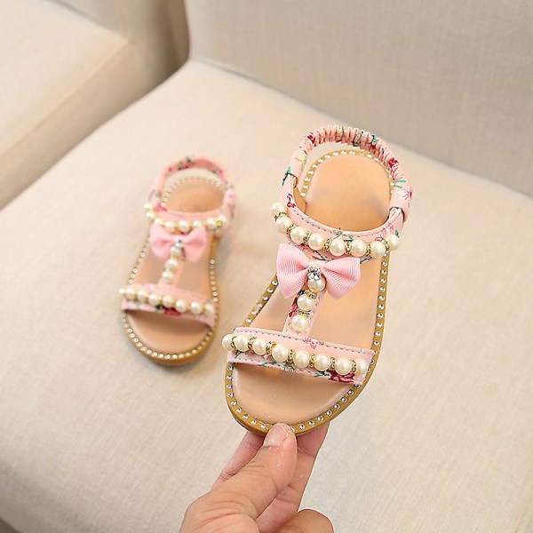 Baby Piger Boho Perlebesatte Sandaler Blomsterpiger Sløjfe Flade Tåsandaler Strandsandaler Gladiator Pink 29