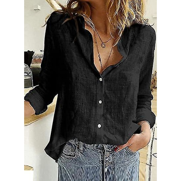 Dam V-ringad T-shirt Långärmad Knäppning Blusar Toppar Black M