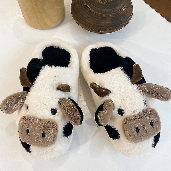 Mjuka söta ko-tofflor i bomull, halkfria tofflor för studenter och hemmet, varma par-tofflor i plysch med mjölkko Style1-cow 36-37