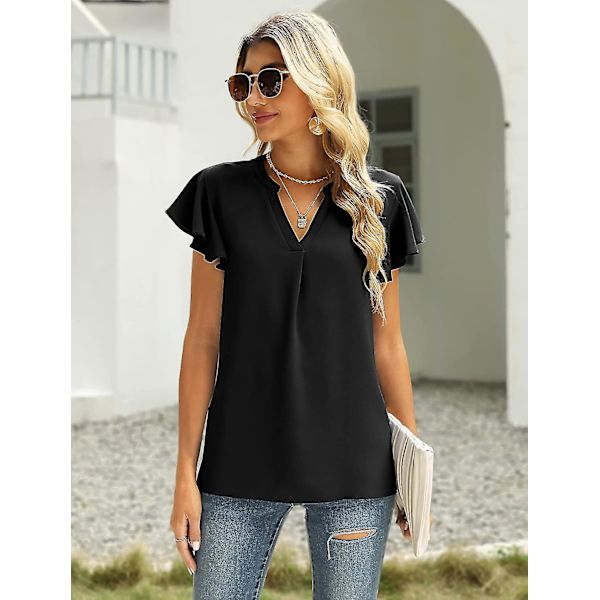 Dam Sommar Casual Delad V-ringning Chiffongblusar Lös Tunika Kortärmade Toppar 04black Small