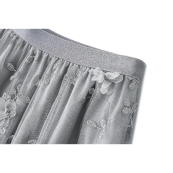 Kvinnors Mesh Broderi Halvlång Kjol Garn Kjolar A-linje Konst Hög Midja Lång Kjol Grey