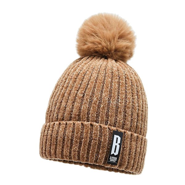 Dam Plus Sammet Pompom Stickad Mössa Vinter Varm Utomhus Ull Skidmössor Hatt Khaki