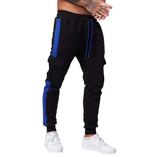 Färgblock Sweatpants Joggingbyxor med Elastisk Midja och Dragsko för Män, Gym Träningsbyxor Blue Side 2XL