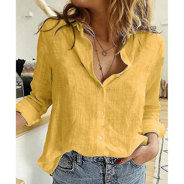 Dam V-ringad T-shirt Långärmad Knäppning Blusar Toppar Yellow L