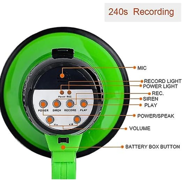 Bärbar megafon bullhorn 20 watt kraft megafon högtalare röst och siren/larmlägen med volymkontroll och rem green