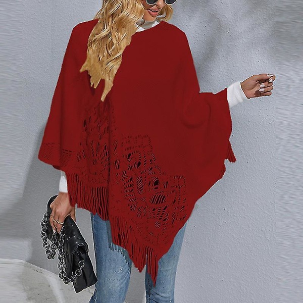 Dame Langermet Poncho Genser Casual Arbeidsgenser Cape Vinter Varm Strikket Kappe Red L