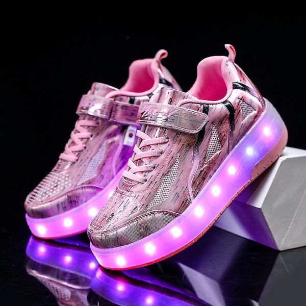 Barn Två Hjul Lysande Lysande Sneakers Röd Rosa Blå Led Ljus Rullskridskor Skor Barn Led Skor Pojkar Flickor USB Laddning Q8- pink 33