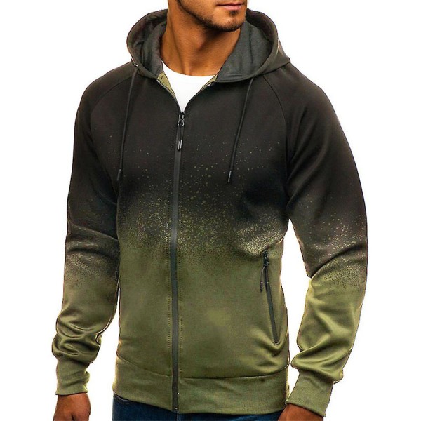 Män Tryck Dragkedja Upp Långärmad Sport Huvtröja Hoodies Sweatshirt Kappa Outwear Army Green 3XL