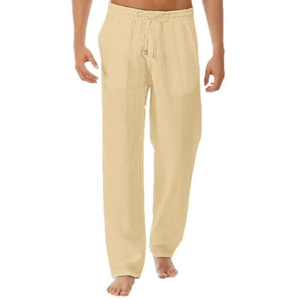 Herre Bomuld Hør Bukser Afslappet Snøre Strand Yoga Løse Lange Bukser Yellow 3XL