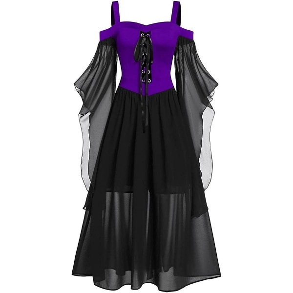 Maxiklänning med fjärilsärm för kvinnor medeltida punk gotiska kläder Sexig halloweenkostym Kallaxelkorsettklänningar C-purple Small