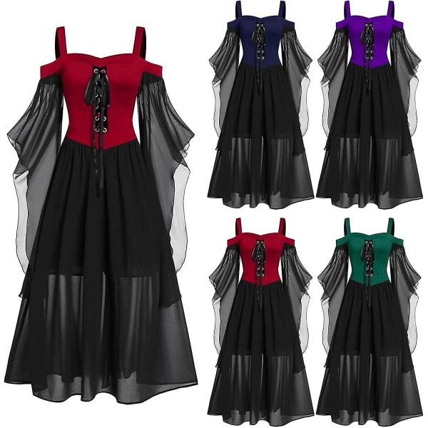 Maxiklänning med fjärilsärm för kvinnor medeltida punk gotiska kläder Sexig halloweenkostym Kallaxelkorsettklänningar C-purple Small