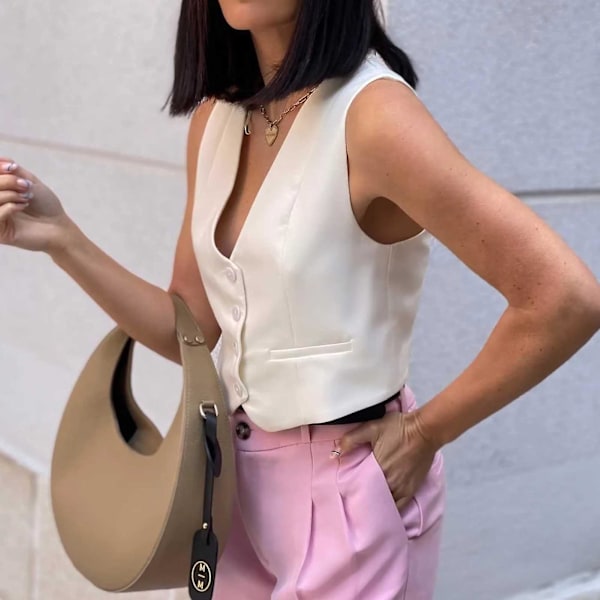 Dame Mode Vest Elegant V-hals Sommer Ærmeløse Veste Til Daglig Shopping Outfit White M