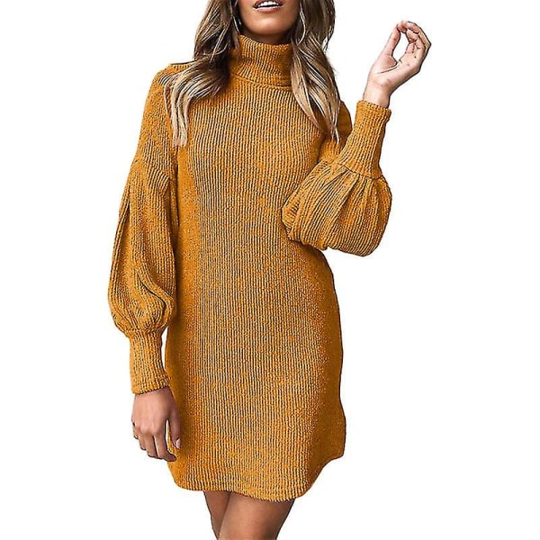 Langærmet mini fritidskjole til kvinder, slank høj hals T-shirt Bodycon kjole ensfarvet Yellow L