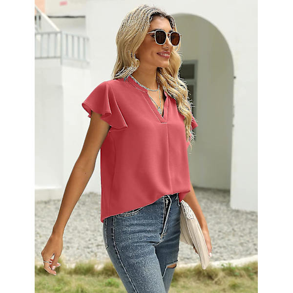 Dam Sommar Casual Delad V-ringning Chiffongblusar Lös Tunika Kortärmade Toppar Dark Pink Large