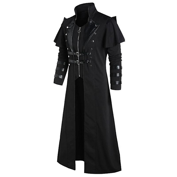 Vintage Halloween Medeltida Steampunk Assassin Alver Piratdräkt Vuxen Män Svart Lång Delad Jacka Gotisk Rustning Läderrockar Black XL