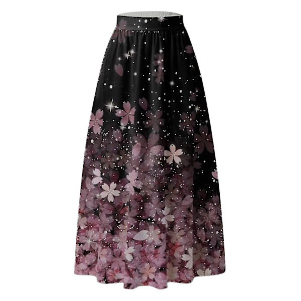 Elastisk midje blomsterprintet plissert A-linje maxi-skjørt for kvinner Pink M