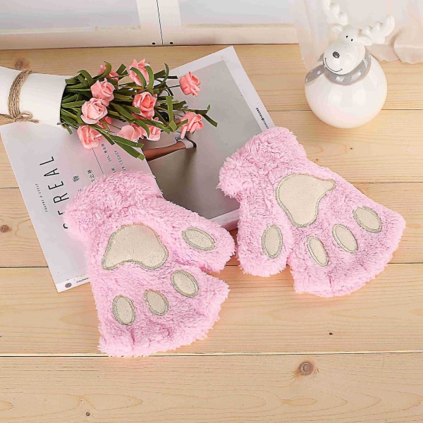 Kattflicka öppna finger katt tass varma handskar förtjockade fluff handformade borste halvfingerhandskar Pink Average size