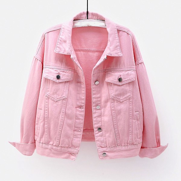 Dam Vår och Höst Jackor Varm Enfärgad Långärmad Jeansjacka Ytterkläder Pink M