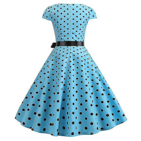 Kvinnor Polka Dot Retro 1950-tal 60-tal Rockabilly Aftonklänning Swing Festklänning Midi Klänning Blue M