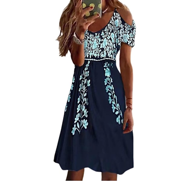 Dam Bohemisk Blommig Cold Shoulder A-linje Klänning Sommar Kortärmad Klänning Plus Size Navy Blue M
