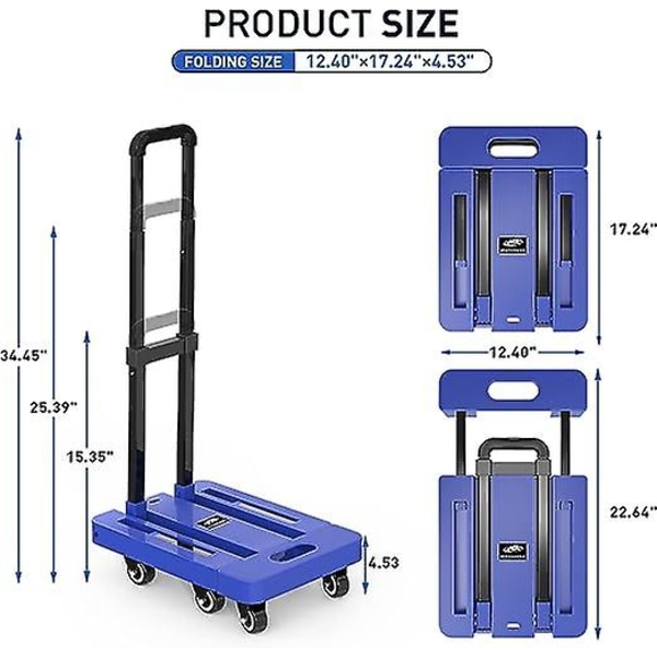 Sammenklappelig vogn, 500 Lb kraftig bagagevogn, multifunktionel platformsvogn med 6 hjul, bagagevogn, rejser, mobil, shopping, kontorbrug blue