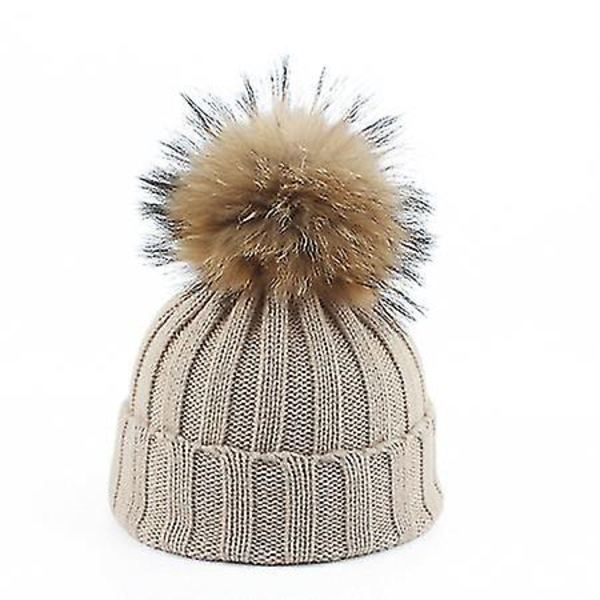 Småbarn Flickor Pojkar Varm Vinter Päls Pom Hatt Stickad Mössa Virkad Skidmössa Bollmössa beige
