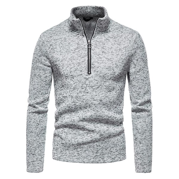 Herre Ensfarget Halv Glidelås Høy Hals T-skjorte Genser Langermet Casual Pullover Topper Light Gray S