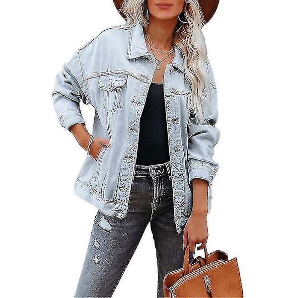 Dam Enfärgad Jeansjacka Lös Kavaj Enkelknäppt Street Jeansjacka Light Blue M