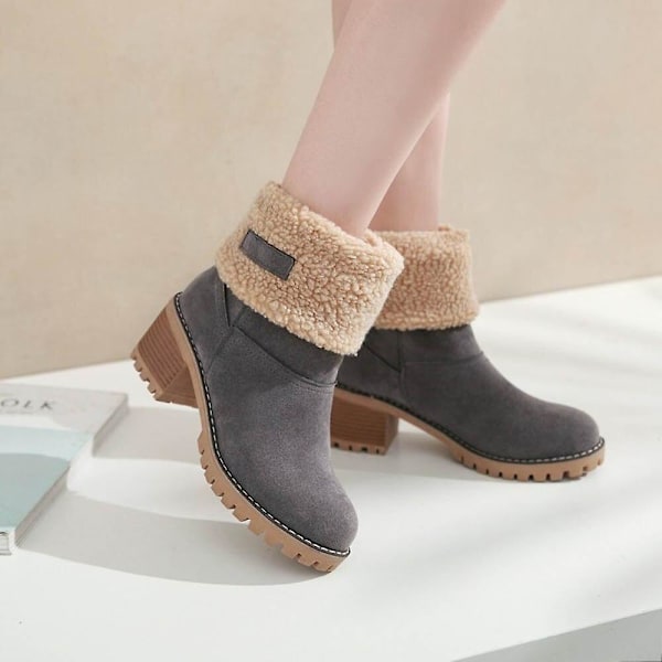 Dame Vinterstøvler Korte Sne Flock Varme Støvletter Sko Slip On Korte Ankel Chunky Hæl Støvler Grey 39