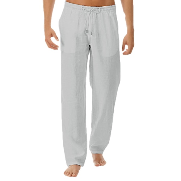 Herre Bomuld Hør Bukser Afslappet Snøre Strand Yoga Løse Lange Bukser Gray 2XL