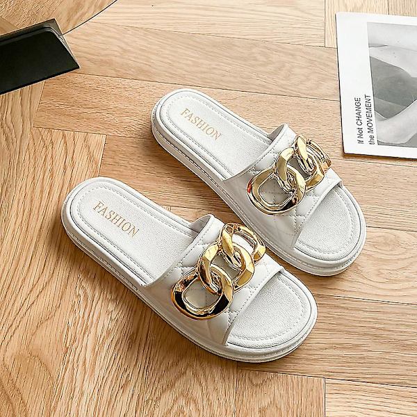 Sommarsandaler för damer, halkfria, snabbtorkande, tjocka lågklackade tofflor, födelsedagspresenter till damer White 38-39