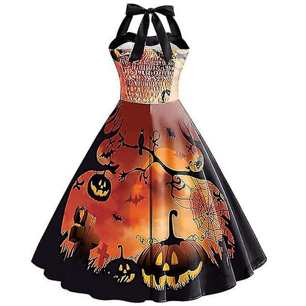 Halloween Dame Græskar Flagermus Spøgelse Skelet Print Ærmeløs Rund Hals Afslappet Kant Kjole COLOR 3 M